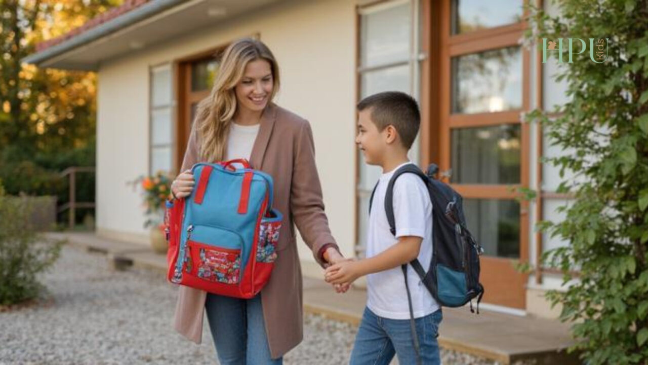 Mutter begleitet Kind mit Schulranzen Alltag mit Schulangst bei Kindern